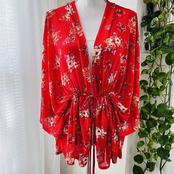 Cato Tops - Cato Red & White Floral Chiffon Flowy Boho Gypsy Open Tie Waist Blouse - Large